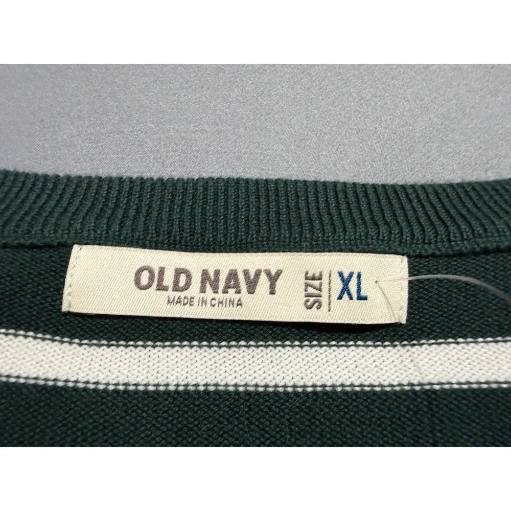 Old Navy Sweater Mens XL Green White Striped Cotton Crewneck Long Sleeve